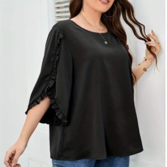 NWT Black Ruffle Flowy pop over Bell Sleeve Top  Blouse - Picture 1 of 4